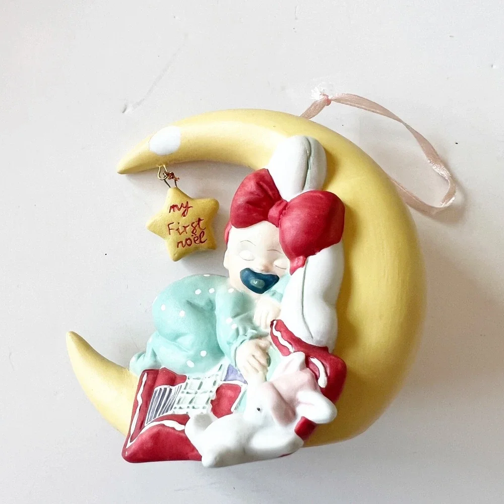Vintage Silvestri Sleeping Baby Girl Ornament My First Noel Red Bow Moon Holiday